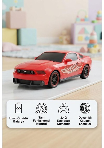 Mustang Dev Boyutlu Uzaktan Kumandalı Yarış Arabası Işıklı 1:10 Ölçekli 6 Fonksiyonlu Oyuncak Araba Kırmızı