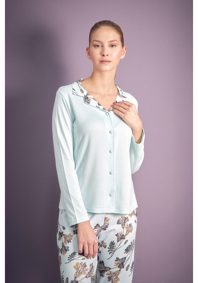 Fullamoda Yaprak Desenli Gömlek Yaka 2 Li Pijama Takımı 24mıcg631216553-buz Mavi Buz Mavi