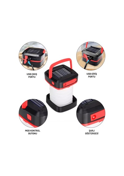 Solar Akordeon Kırmızı Kamp Lambası 360 Led Beyaz Işık Dahili Batarya Güneş Paneli + Usb Şarj El Feneri Seyah Çok Renkli
