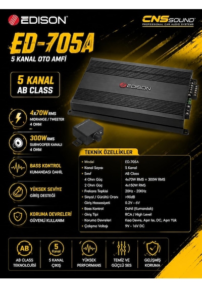 Edison Ed-705a 5 Kanal Oto Amfi 4x70w + 300w Rms Bass Kontrol Dahil