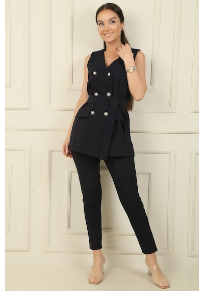 By Saygı 6 Düğmeli Sahte Cepli Kuşaklı Yelek Beli Lastikli Dar Paça Pantolon 2'li Takım Lacivert By Saygı 6 Düğmeli Sahte Cepli Kuşaklı Yelek Beli Lastikli Dar Paça Pantolon 2'li Takım Lacivert