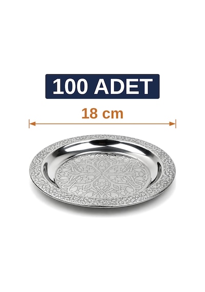 Binbir Trend 18 Cm İşlemeli Kenarlı Otantik Desenli Krom Çelik Meze Ve Servis Tabağı 100 Adet