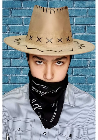 Uniquetrenders Çocuk Unisex Bandanalı Nubuk Kovboy Şapkası 8-14 Yaş Koyu Bej 6