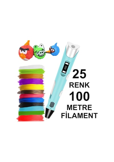 Mavi 3d Kalem Yazıcı+25 Renk 100 Metre 25x4metre Pla Filament