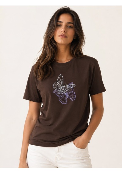 Yubisititch Tshirt Nakış İşlemeli 2li Kelebek- Penye -kahverengi