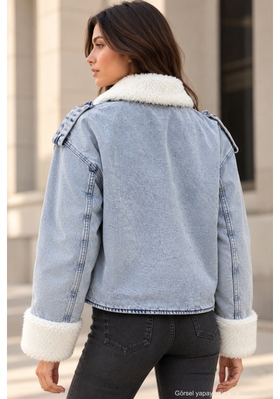 Polo State Kadın Peluş Detaylı Cepli Yıkamalı Jean Ceket mavi