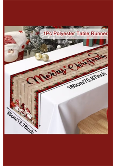 Noel Masa Örtüsü 35x180 Cm Kırmızı Yeşil Cüce Ve Kar Taneli Desen Dayanıklı Polyester Yılbaşı Ma