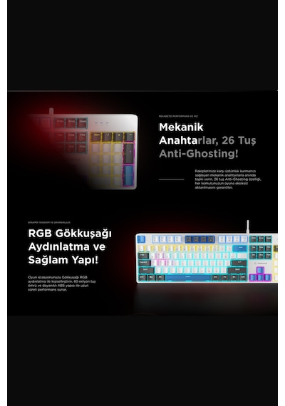 Nimbus Mekanik Klavye Beyaz Usb Rainbow Türkçe Red Switch 26 Tuş Anti-ghosting Oyuncu Klavyesi