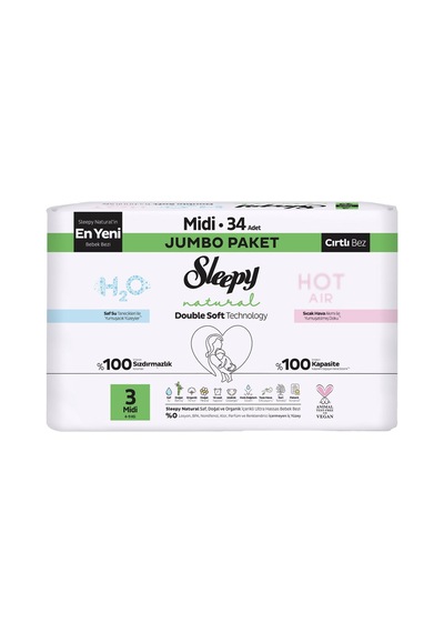 Sleepy Natural Double Jumbo Bebek Bezi Midi 34 Adet Ultra Hassas 4'li Avantaj Paketi - 4 Adet Tarı 3 - 4 Numara