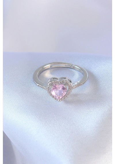 Gümüş Renk Pembe Zirkon Taşlı Kalp Charm Model Pirinç Kadın Yüzük 5886 Çok Renkli