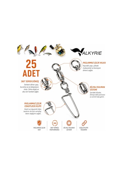 Valkyrie 25 Adet Rulmanlı Döner Klips Coastlock Snap 360 Paslanmaz Çelik Fırdöndü Seti
