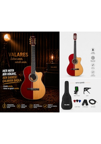 Valares Qcg2302c Elektro Klasik Gitar 39 İnç 4/4 Kesik Kasa 4 Bant Ekolayzerli Sahne Ve Amfi Uyumlu Çift Renk