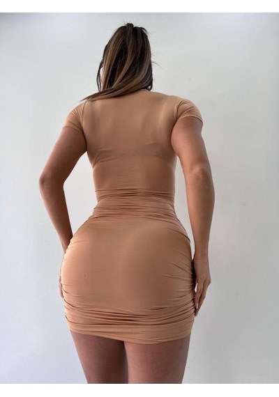 Pink Life Bej V Yaka Hollow Out Wrap Hip Kısa Kollu Mini Elbise-bej Bej