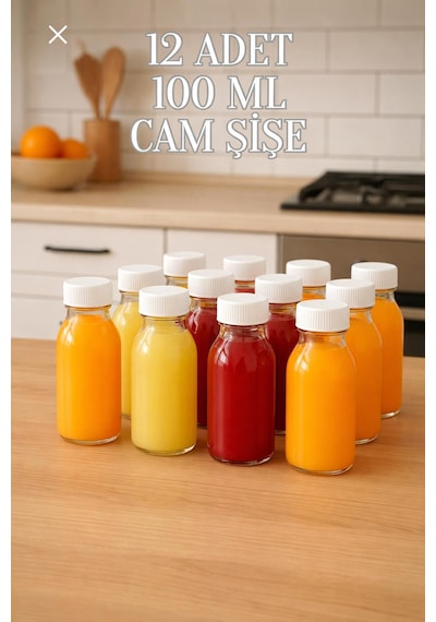 12 Adet 100 Ml Kilitli Beyaz Kapaklı Şeffaf Detox Shot Şişesi 100 Cc Ginger Şat Beyaz Cam Şişe Şeffaf - Siyah