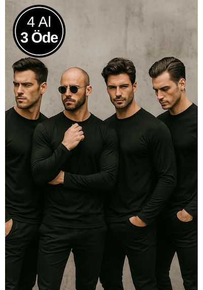 Rich Erkek Siyah 4'lü Paket Basic Uzun Kollu Tişört Sporcu Body T-shirt Siyah