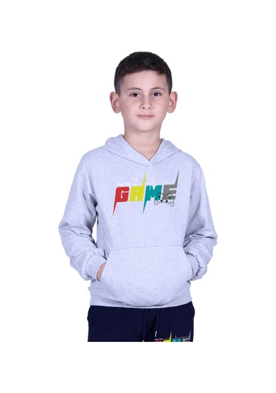 Fyk Kids Kapüşonlu Kanguru Cepli Game Baskılı Erkek Çocuk Eşofman Takımı Gri - Lacivert