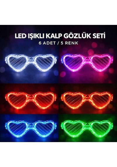 Cosmotex Led Işıklı Kalp Glow Pilli Parti Gözlüğü 6 Adet / 5 Renk Set