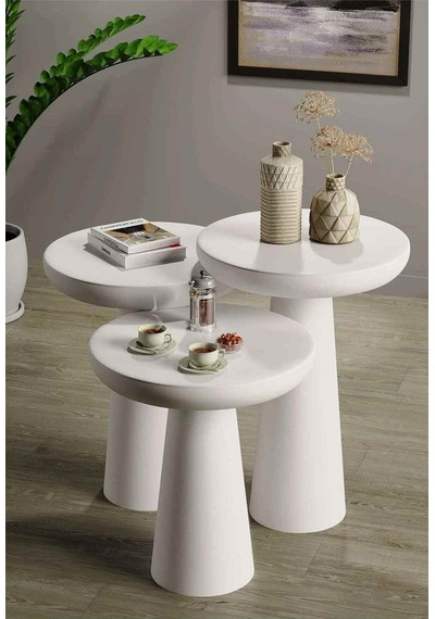 Ahşap Mantar Sehpa 3 Lü Set Beyaz Renk Masif Doğal Fiskos Sehpa Zigon Takımı - Side Table Beyaz