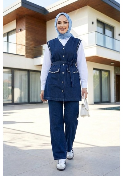 Hb Harma Time Butik Kadın Taş İşlemeli Kuşaklı Yelek-pantolon Koyu Kot Mavi İkili Takım Koyu Mavi Koyu Mavi Hb Harma Time Butik Kadın Taş İşlemeli Kuşaklı Yelek-pantolon Koyu Kot Mavi İkili Takım Koyu Mavi Koyu Mavi
