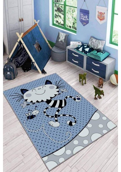 Mavi Kaymaz Tabanlı Yıkanabilir Kedili Çocuk Halısı Kd47n11