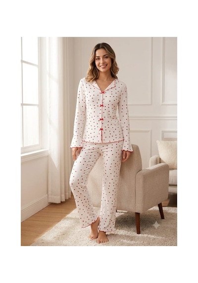 Kadın Uzun Kollu Desenli Fiyonk Detaylı Kaşkorse Kumaş Pijama Takımı Beyaz Kalp
