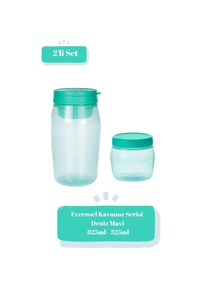 Evrensel Serisi 2'li Set 825 Ml Ve 325 Ml Kavanoz Sızdırmaz Pratik Gıda Saklama Kabı Deniz Mavi