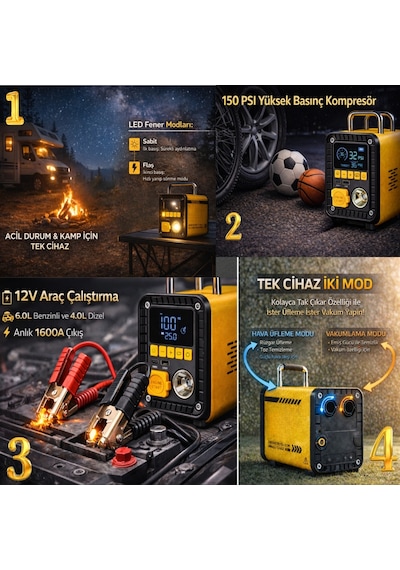 12v 1600a Akü Takviye Cihazı 150 Psı Dijital Kompresörlü Taşınabilir Güç İstasyonu