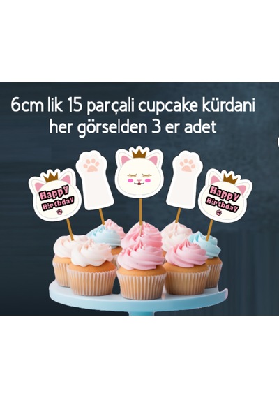 32 Parça Kedi Beyaz Sevimli Kedi Doğum Günü Seti Banner +pasta Kürdanı+ Cupcake Süsü Seti +0