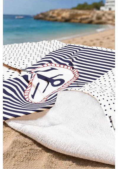 Çapa Marine Çizgili Plaj Havlusu - Lacivert Beyaz Nautical Stil Hızlı Kuruyan Mikrofiber Havlu Örtü Çok Renkli