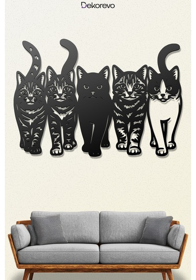 Kedi Çetesi Beşli Kedi Silüeti Metal Duvar Dekoru - Metal Duvar Sanatı - Siyah - 50 X 35 Cm