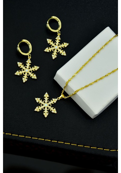 Papatya Silver 925 Ayar Gümüş Gold Kaplama Singapur Zincir Opal Kar Tanesi Kadın Kolye ve Küpe Set