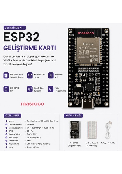 Esp32 Wifi + Bluetooth Geliştirme Kartı Type-c + Cp2102 Breadboard Ve Usb Kablo Dahil