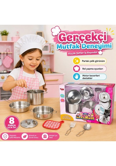8 Parça Çelik Tencere Tava Seti, Çocuklar İçin Metal Mutfak Ve Evcilik Oyun Seti Atf-1818-3 Diğer