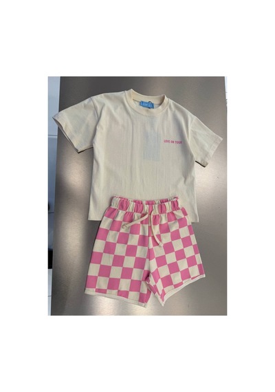 Poala Kids Sloganlı Damalı Takım Pembe