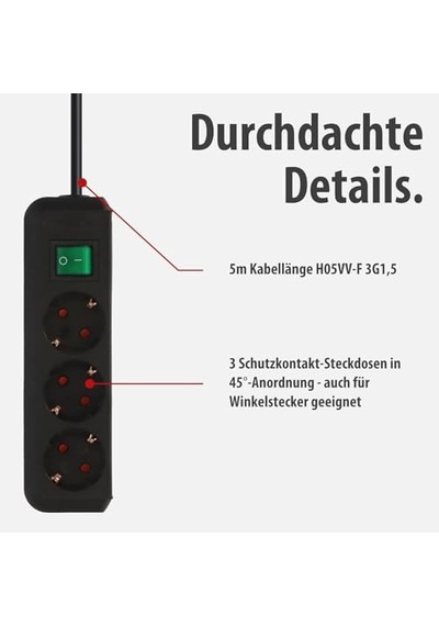 Ayrex Brennenstuhl Eco-line 3'lü Priz Çocuk Emniyetli Priz, Şalter Ve 5 M Kablo , Siyah, 1152900, 230 0