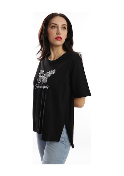 Kadın Kelebek Baskılı Oversize Tişört Siyah