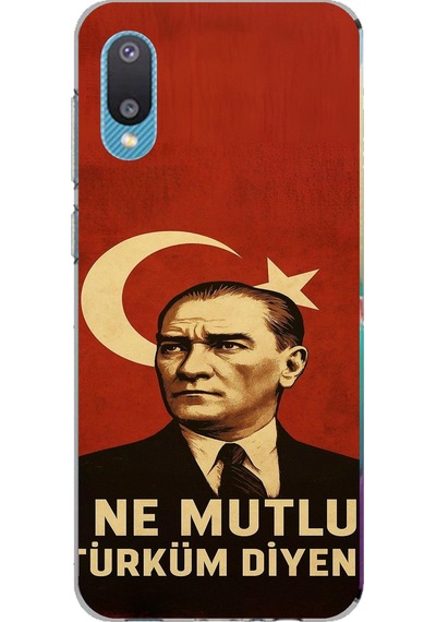 Samsung Galaxy A02 Uyumlu Ne Mutlu Türkiye Bayrak Atatürk Baskılı Silikon Kılıf Renkli