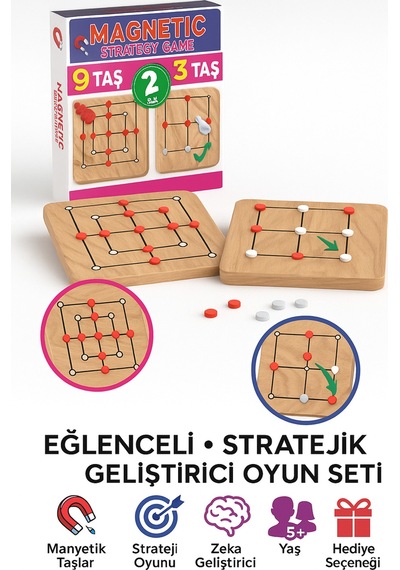 Manyetik 9 Taş + 3 Taş Strateji Oyunu Zeka Geliştirici, Eğlenceli Ve Dayanıklı Oyun Seti
