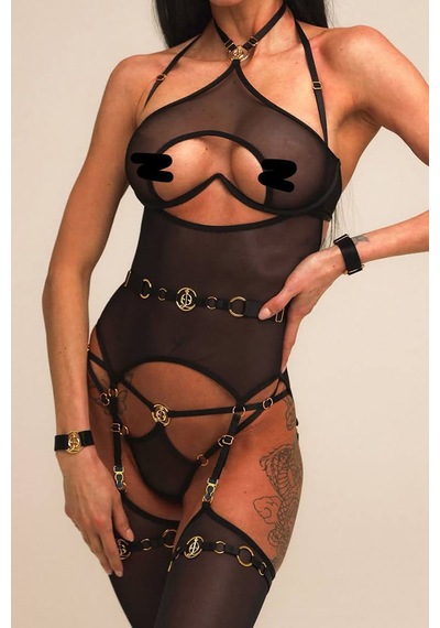 Olga Transparan Jartiyer Bodysuit - Siyah