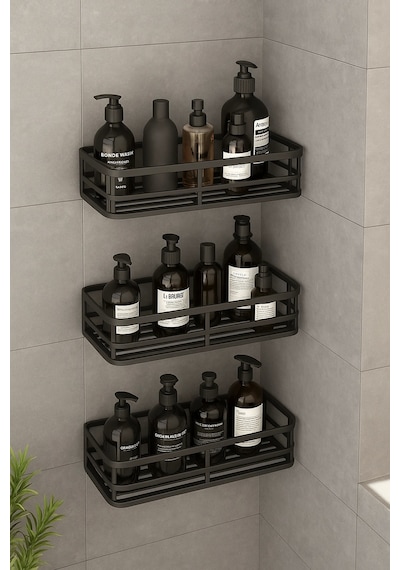 3 Lü Banyo Düzenleyici Organizer Şampuanlık Havlupan Askısı Havluluk Siyah Banyo Duş Mutfak Rafı Çok Renkli