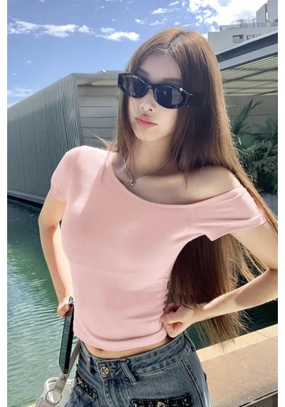 Pembe Kadın Düşük Omuz Kayık Yaka Dar/slim Likralı T-shirt Pembe