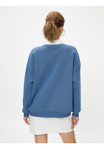 Koton Oversize Polo Yaka Sweatshirt Kolej Temalı Baskılı Uzun Kollu Mavi 4sal10278ık Mavi