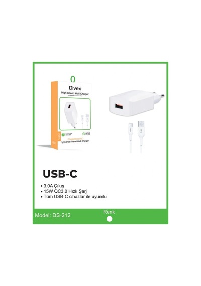 Divex Type-c Usb Kablo - Adaptör 3.0a Ev Tipi Şarj Aleti Ds-212