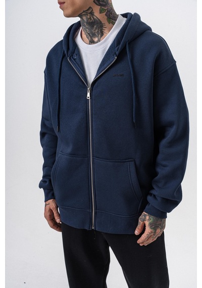 Erkek Respire Yazı Detaylı Kapüşonlu Basic Zip Oversize Hoodie Lacivert