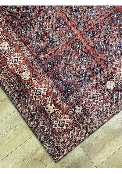 Çam Halı Anatolia 32-059 Etnik Afgan Halısı Desenli Dokuma Tabanlı Yıkanabilir Şönil Salon Ve Oda Halısı Kırmızı - Bordo