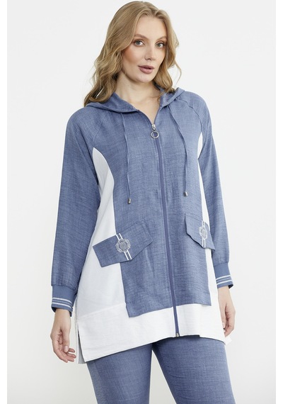 Sementa Keten Görünümlü Kapüşonlu Tunik Takım - Indigo Indigo