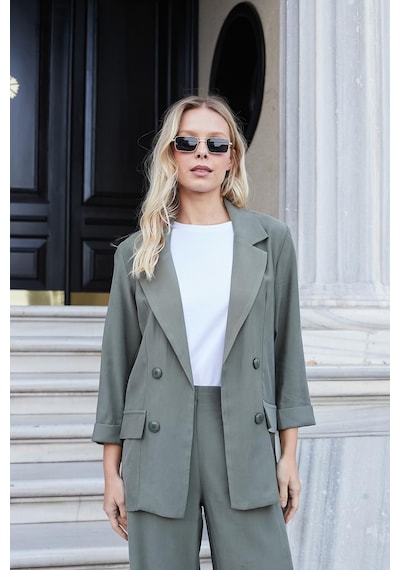 Jument Kadın İpeksi Dokulu Modal Kumaş Yakalı Cep Kapaklı Oversize Salaş Blazer Ceket-haki
