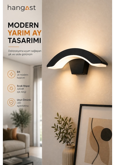 Led Yarım Ay Duvar Apliği 10w 1800 Lm 3200k Sıcak Beyaz Sensörsüz Modern Duvar Lambası Siyah