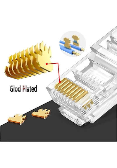 Koodmax - 100 Adet - 50u" 50 Micron Gold Plated Cat6 Ez Rj45 Delikli Konnektör Yeni Nesil Jack Uç