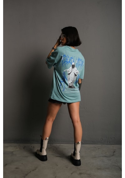 Noıssey Kod:ızeı - Unisex Oversize Rıtual Mavi Yıldırım Baskılı Pamuklu T-shirt P--1008 Yeşil